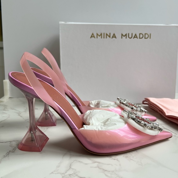 Authentic Brand New Amina Muaddi BEGUM GLASS SLING GALAXY PINK PVC